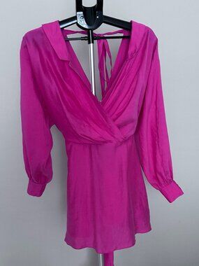 ASOS DESIGN Pink Satin Wrap Mini Dress Open Back Tie Long Sleeve US 6